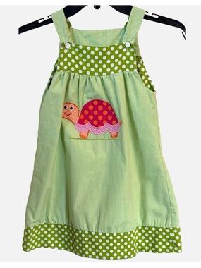 Anavini Reversible Girls Dress Size 5 Green Polka Dot Turtle Apple Appliqued